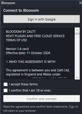 Bloooom Connect panel with Sign in with Google, the terms and age confirmations, and Confirm and connect.