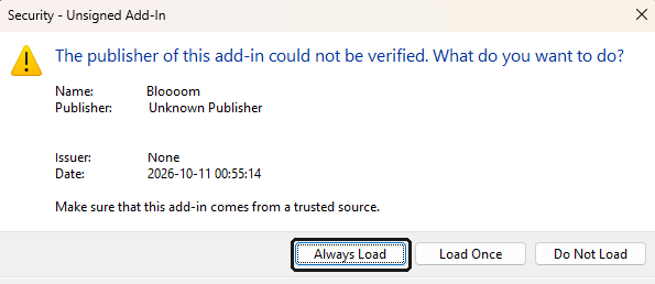Revit security message naming the Bloooom add-in, with Always Load highlighted and the personal file location hidden.