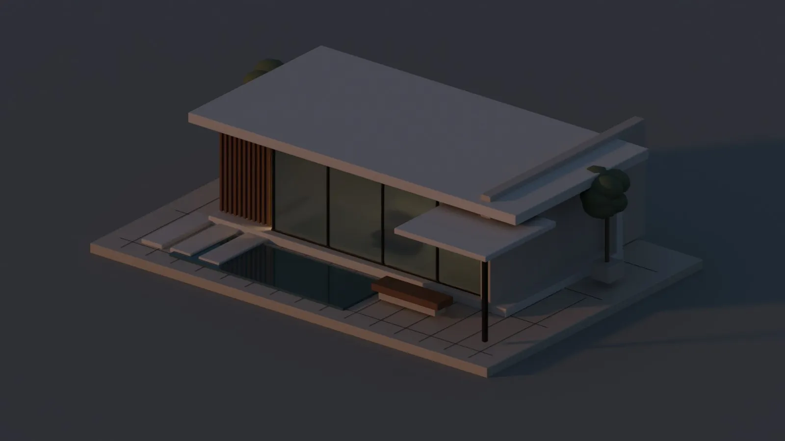 Original pavilion lighting study at dusk. Illustrative study, not a Bloooom output.